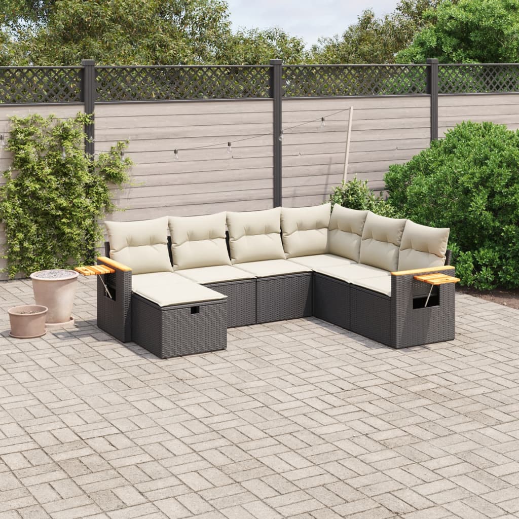7 Piece Garden Sofa Set with Cushions Black Poly Rattan