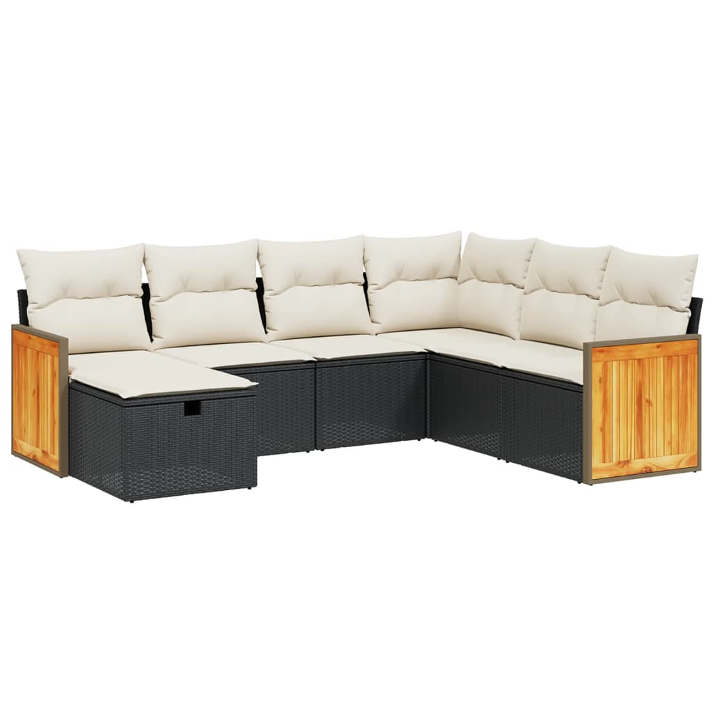 7 Piece Garden Sofa Set with Cushions Black Poly Rattan
