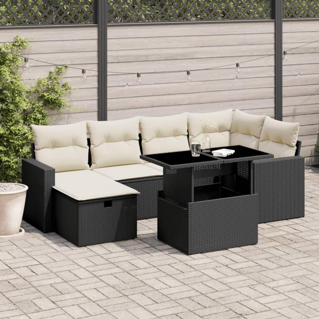 7 Piece Garden Sofa Set with Cushions Black Poly Rattan