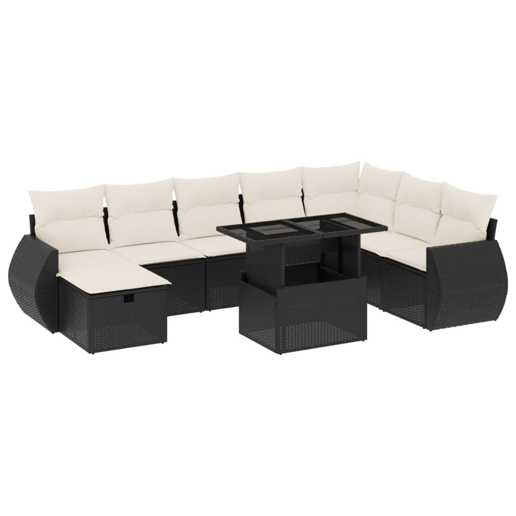9 Piece Garden Sofa Set with Cushions Black Poly Rattan