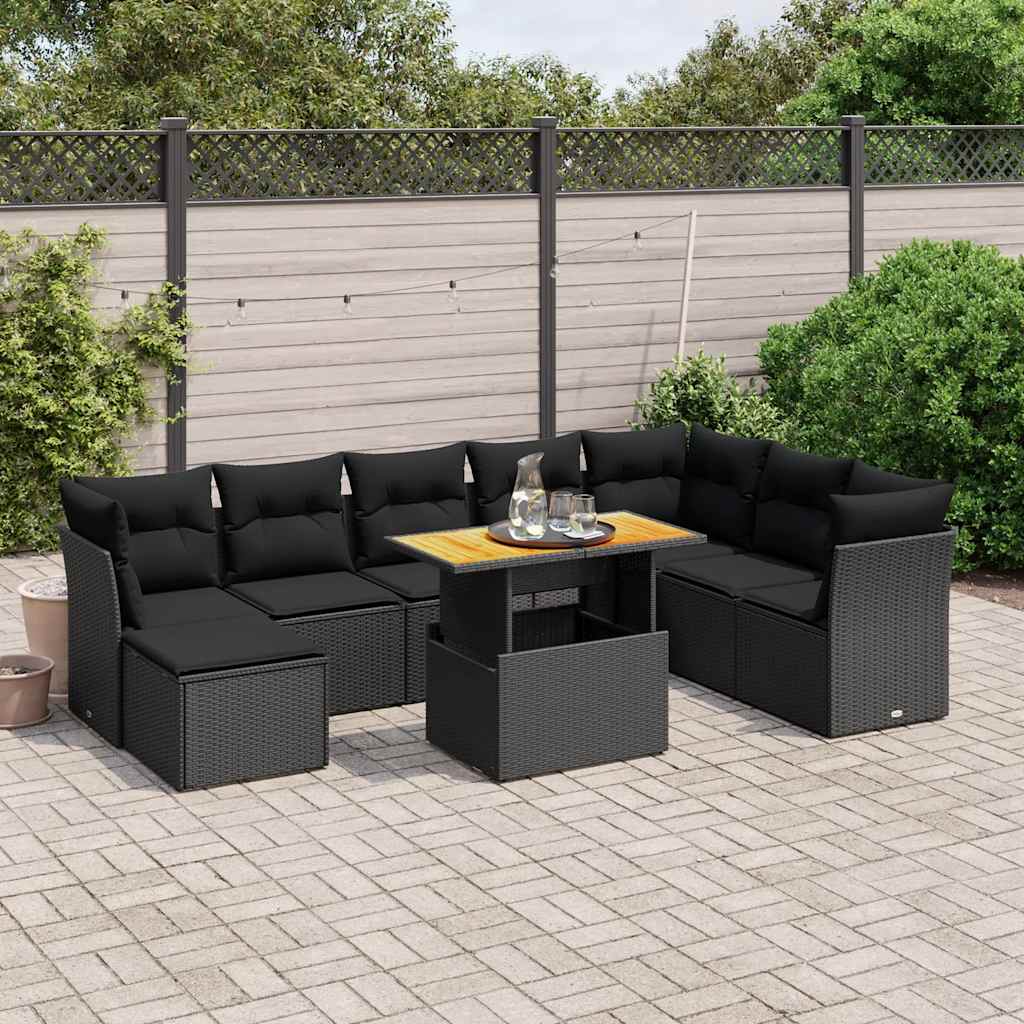 9 Piece Garden Sofa Set with Cushions Black Poly Rattan