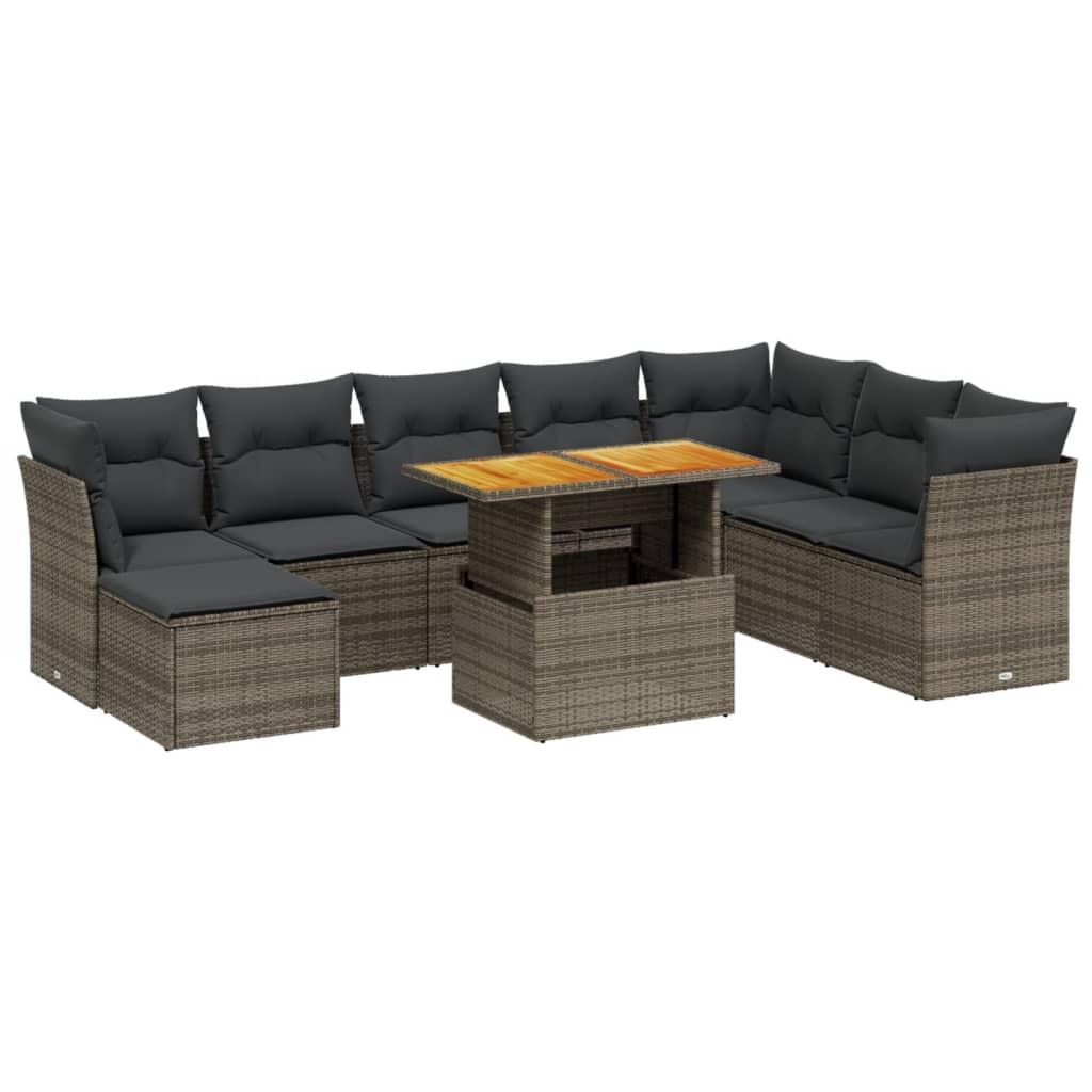 9 Piece Garden Sofa Set with Cushions Grey Poly Rattan