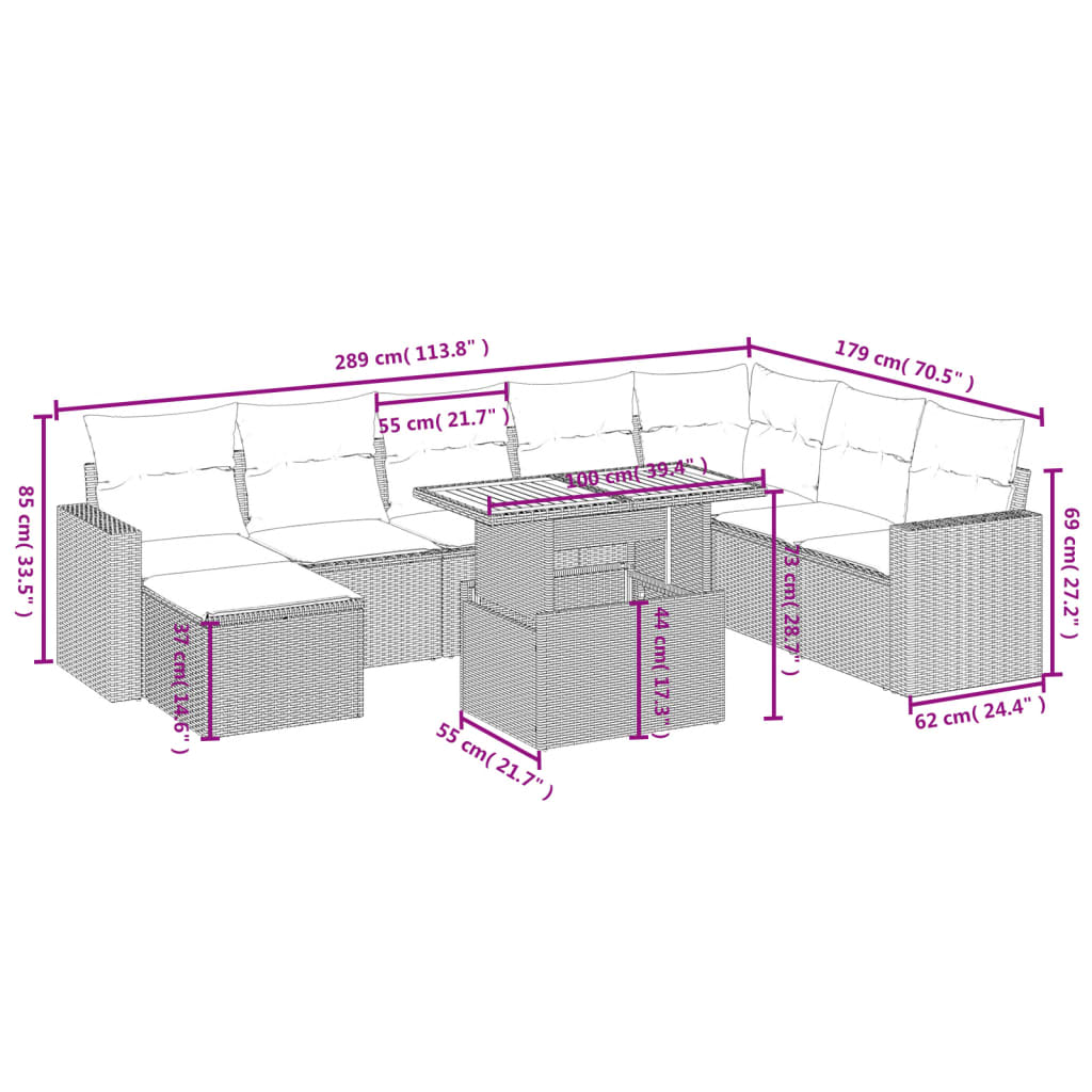 9 Piece Garden Sofa Set with Cushions Grey Poly Rattan
