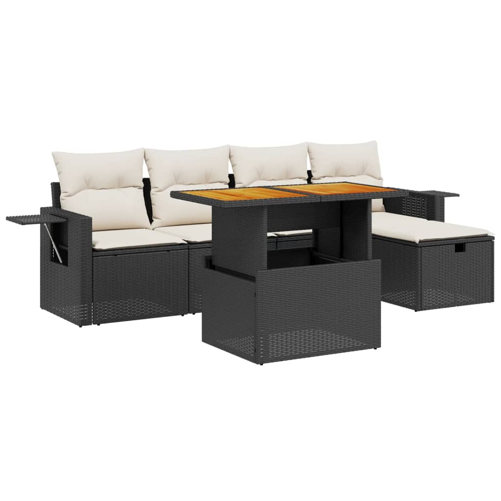 6 Piece Garden Sofa Set with Cushions Black Poly Rattan