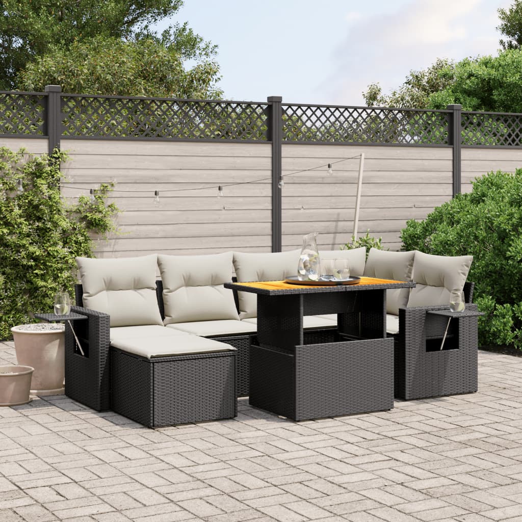 7 Piece Garden Sofa Set with Cushions Black Poly Rattan