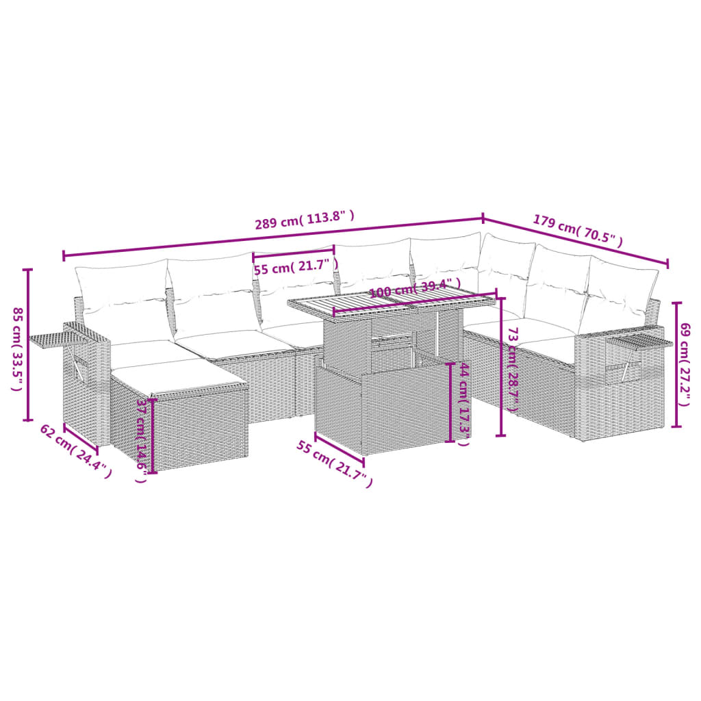 9 Piece Garden Sofa Set with Cushions Grey Poly Rattan