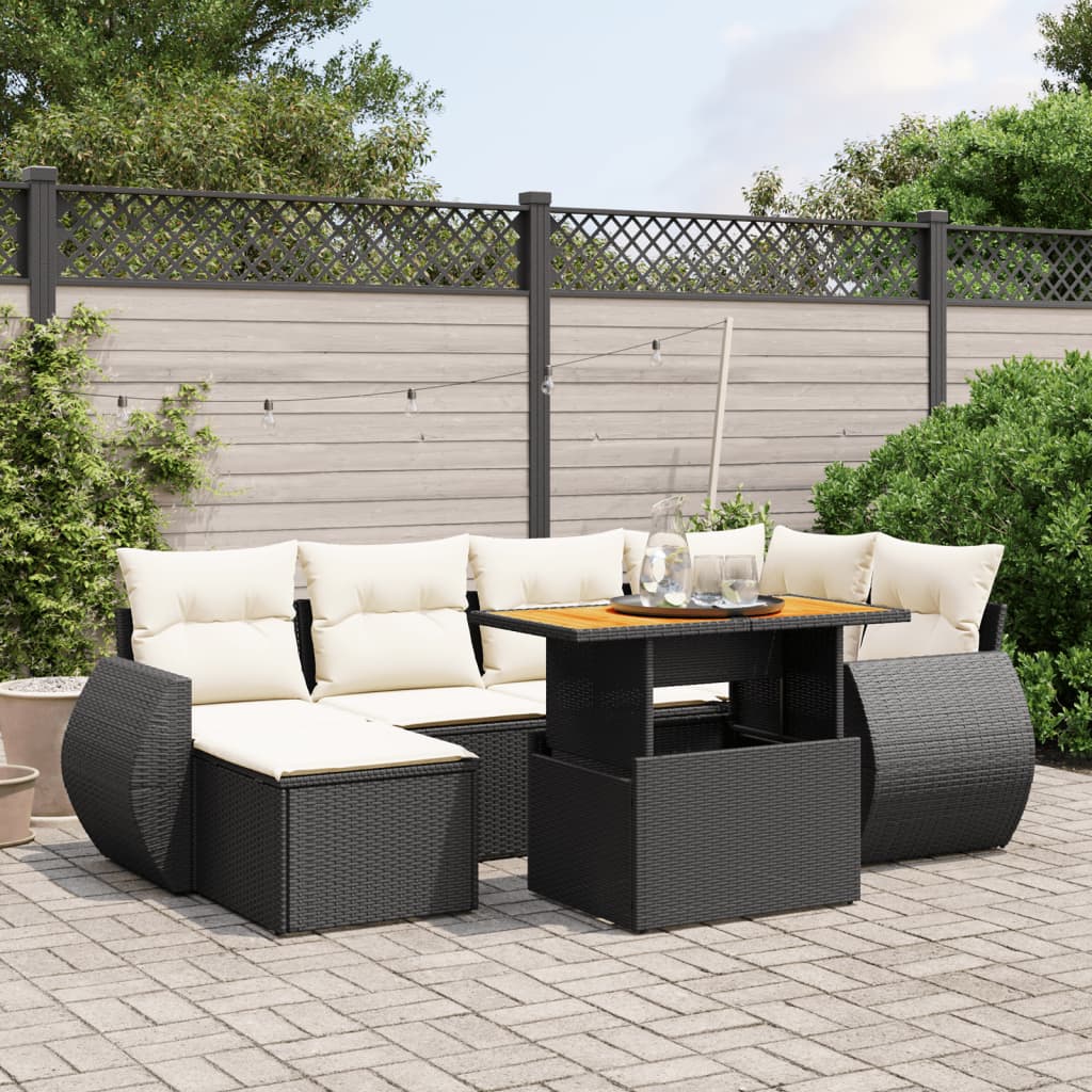 7 Piece Garden Sofa Set with Cushions Black Poly Rattan