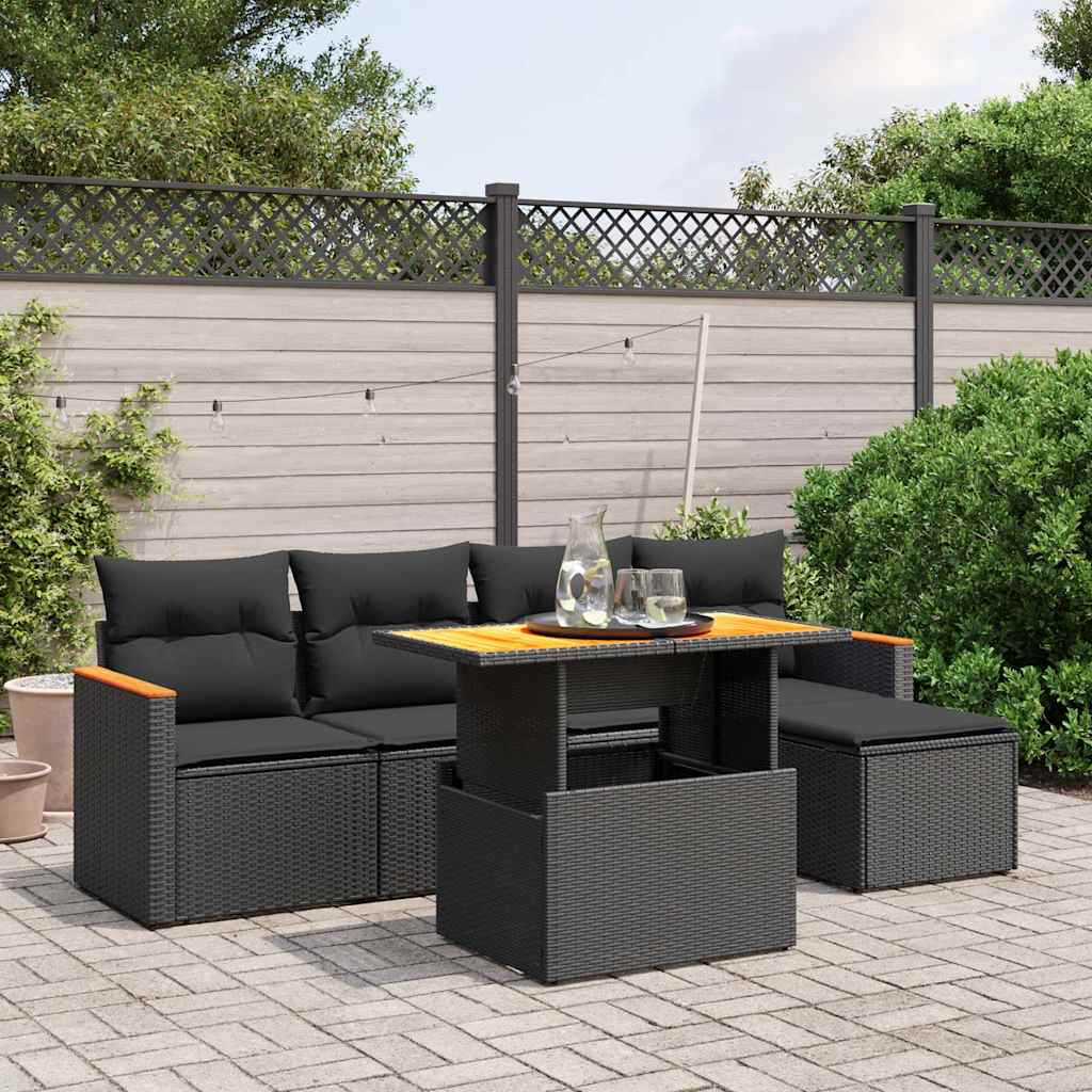 6 Piece Garden Sofa Set with Cushions Black Poly Rattan