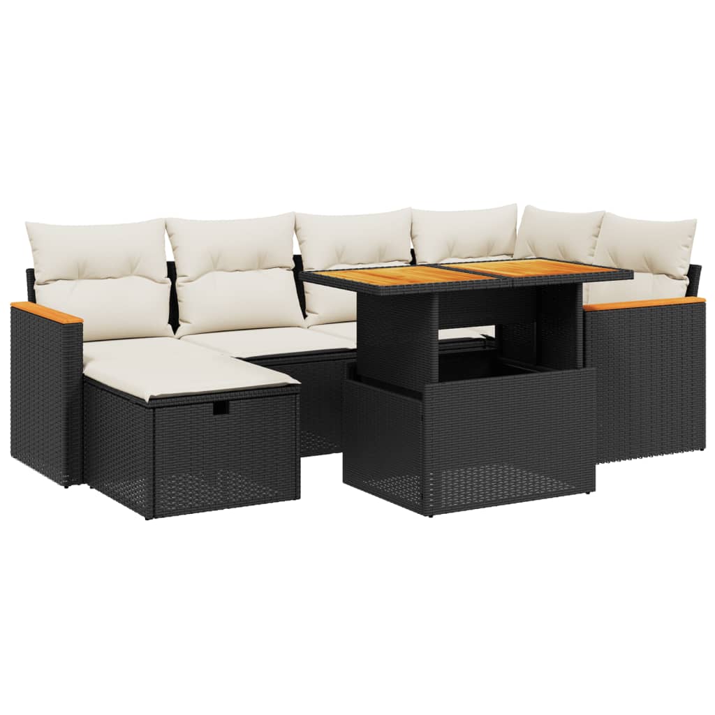 7 Piece Garden Sofa Set with Cushions Black Poly Rattan