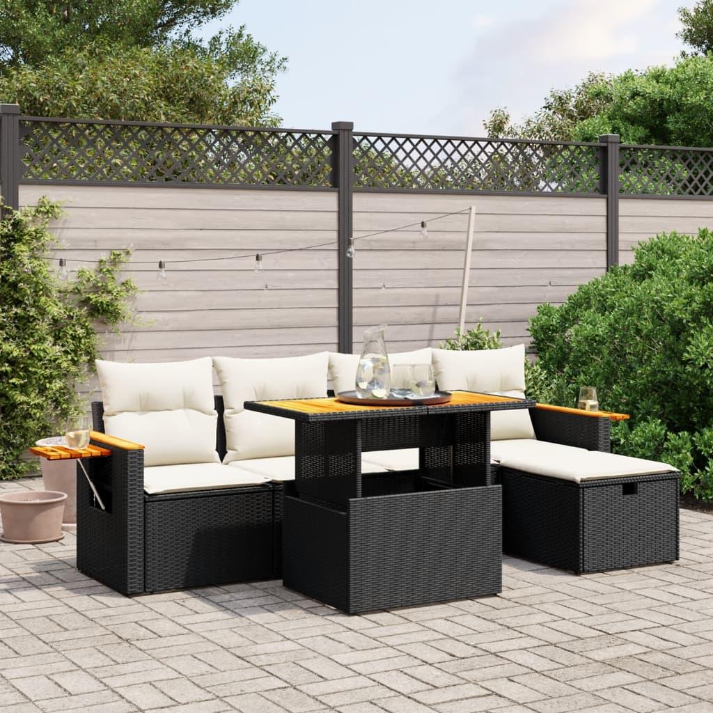 6 Piece Garden Sofa Set with Cushions Black Poly Rattan
