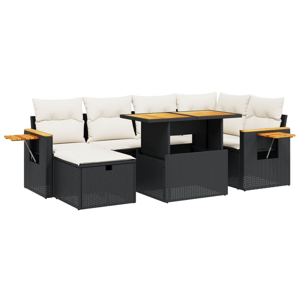 7 Piece Garden Sofa Set with Cushions Black Poly Rattan