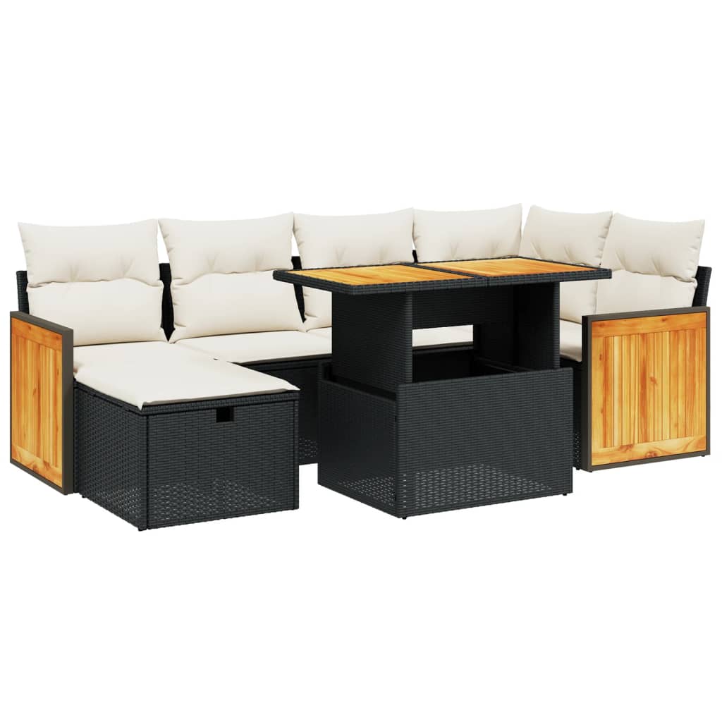 7 Piece Garden Sofa Set with Cushions Black Poly Rattan
