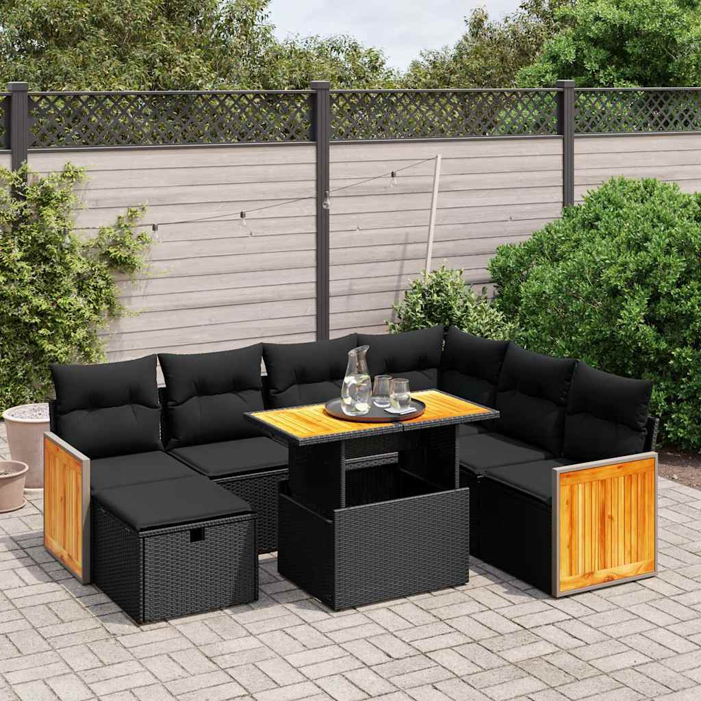8 Piece Garden Sofa Set with Cushions Black Poly Rattan