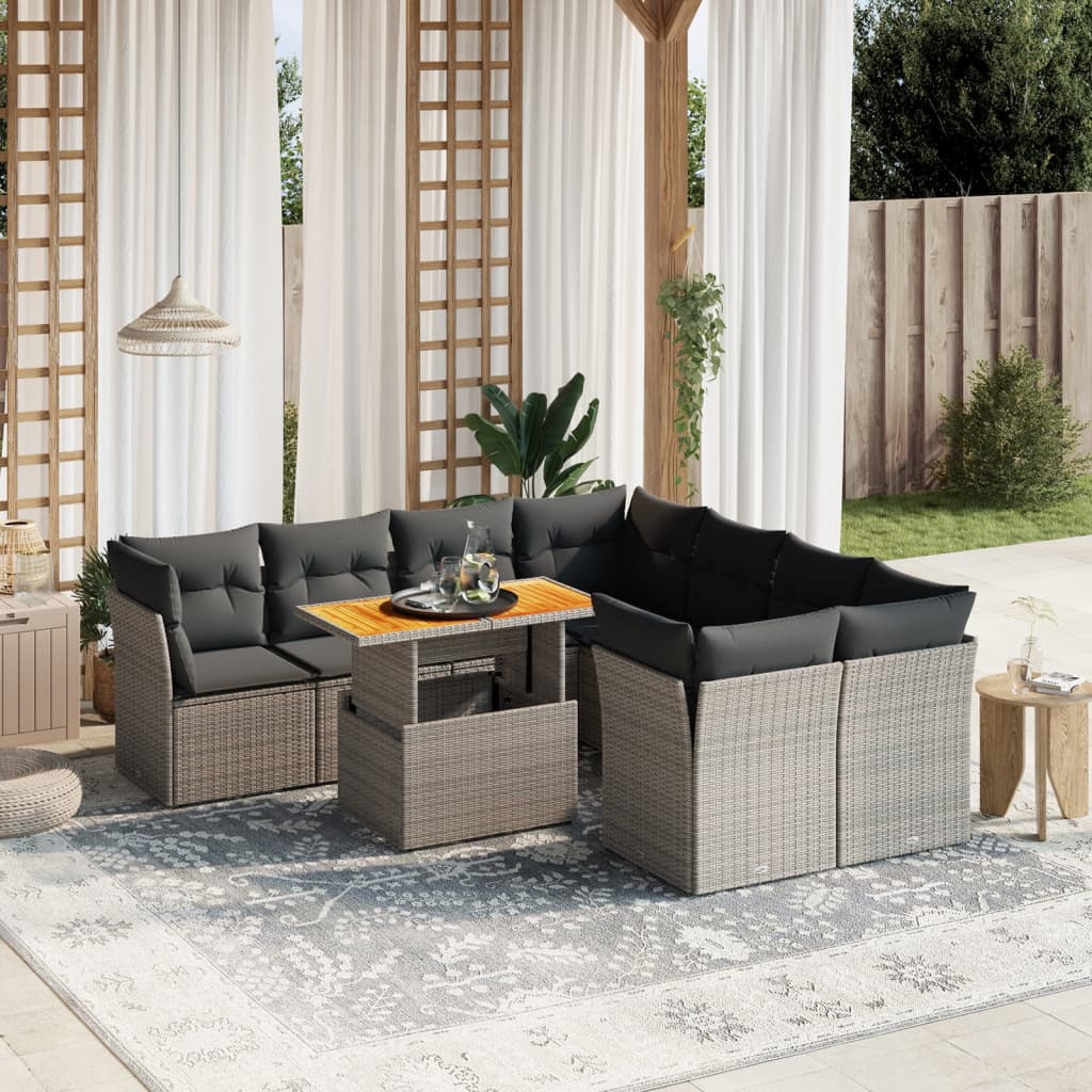 9 Piece Garden Sofa Set with Cushions Grey Poly Rattan