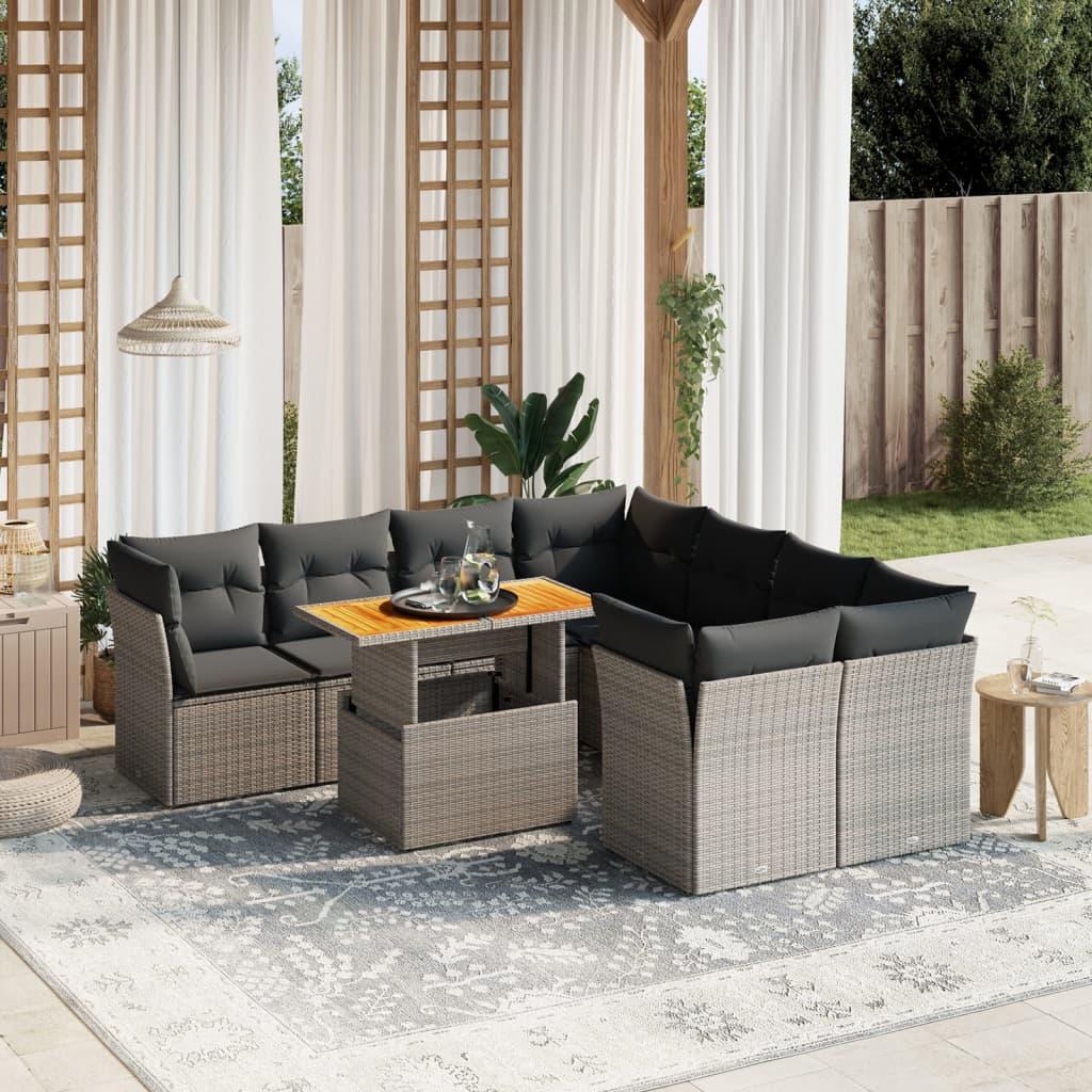 9 Piece Garden Sofa Set with Cushions Grey Poly Rattan