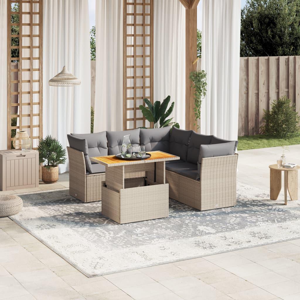 5 Piece Garden Sofa Set with Cushions Beige Poly Rattan