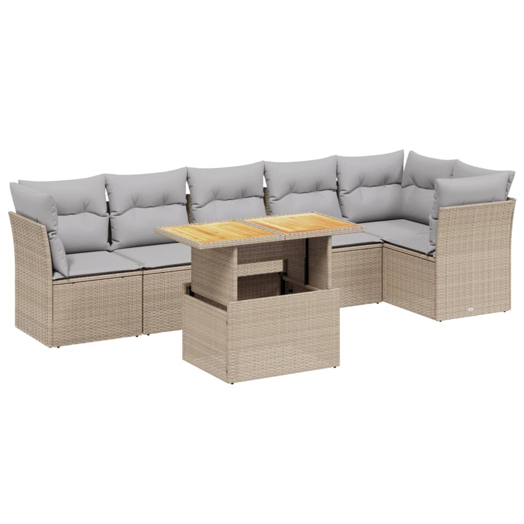 7 Piece Garden Sofa Set with Cushions Beige Poly Rattan