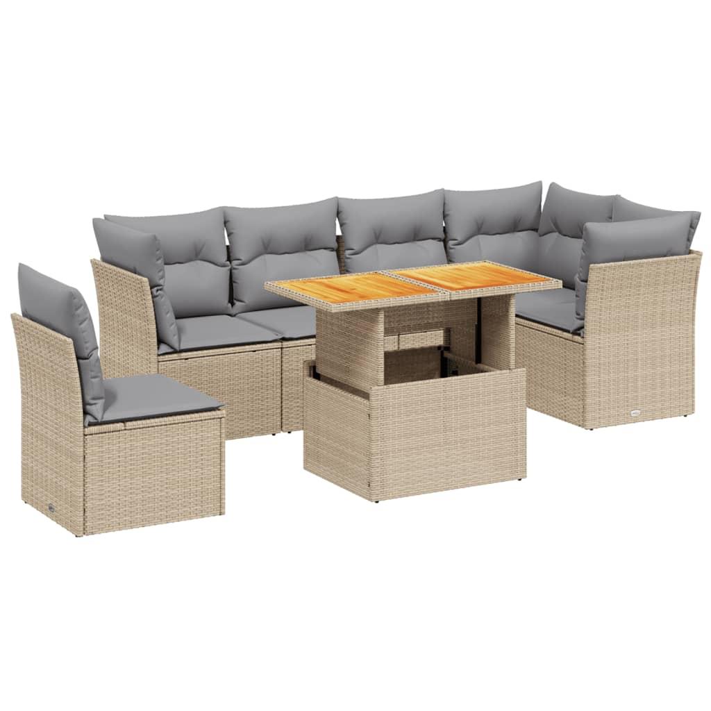 7 Piece Garden Sofa Set with Cushions Beige Poly Rattan