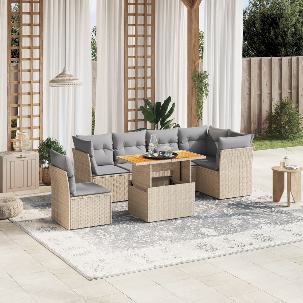 7 Piece Garden Sofa Set with Cushions Beige Poly Rattan