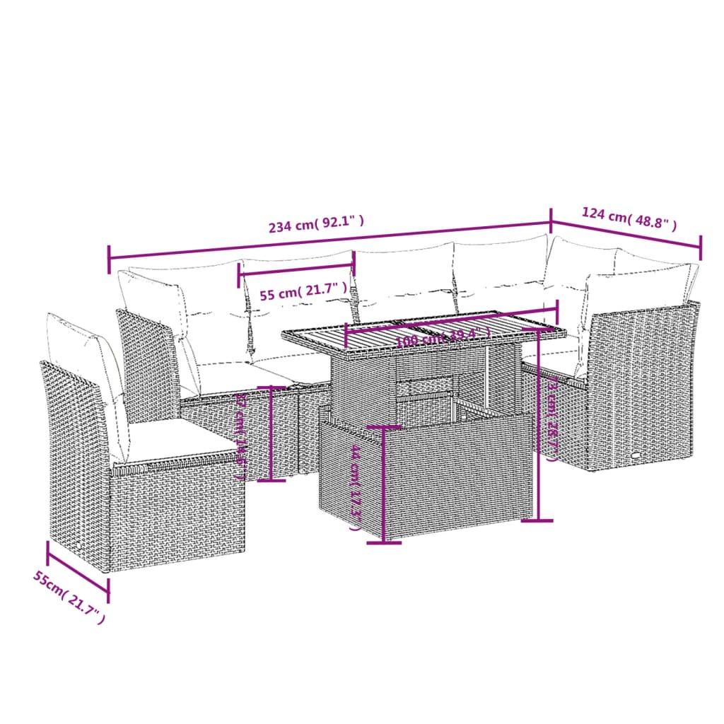 7 Piece Garden Sofa Set with Cushions Grey Poly Rattan
