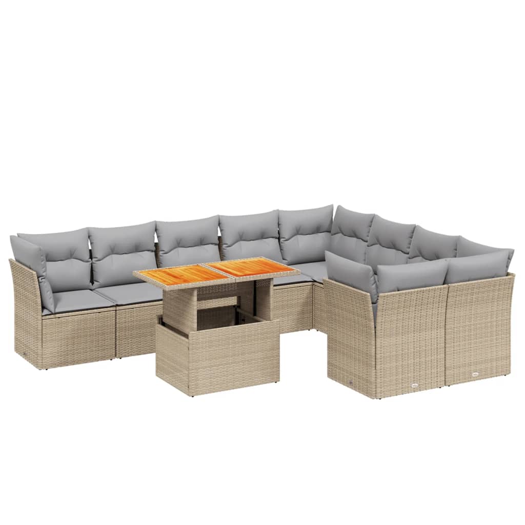 10 Piece Garden Sofa Set with Cushions Beige Poly Rattan
