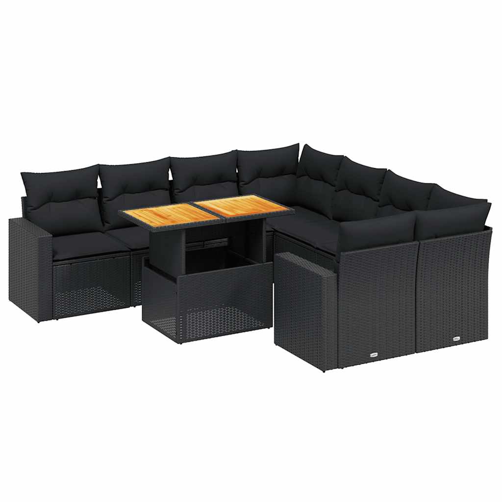 9 Piece Garden Sofa Set with Cushions Black Poly Rattan