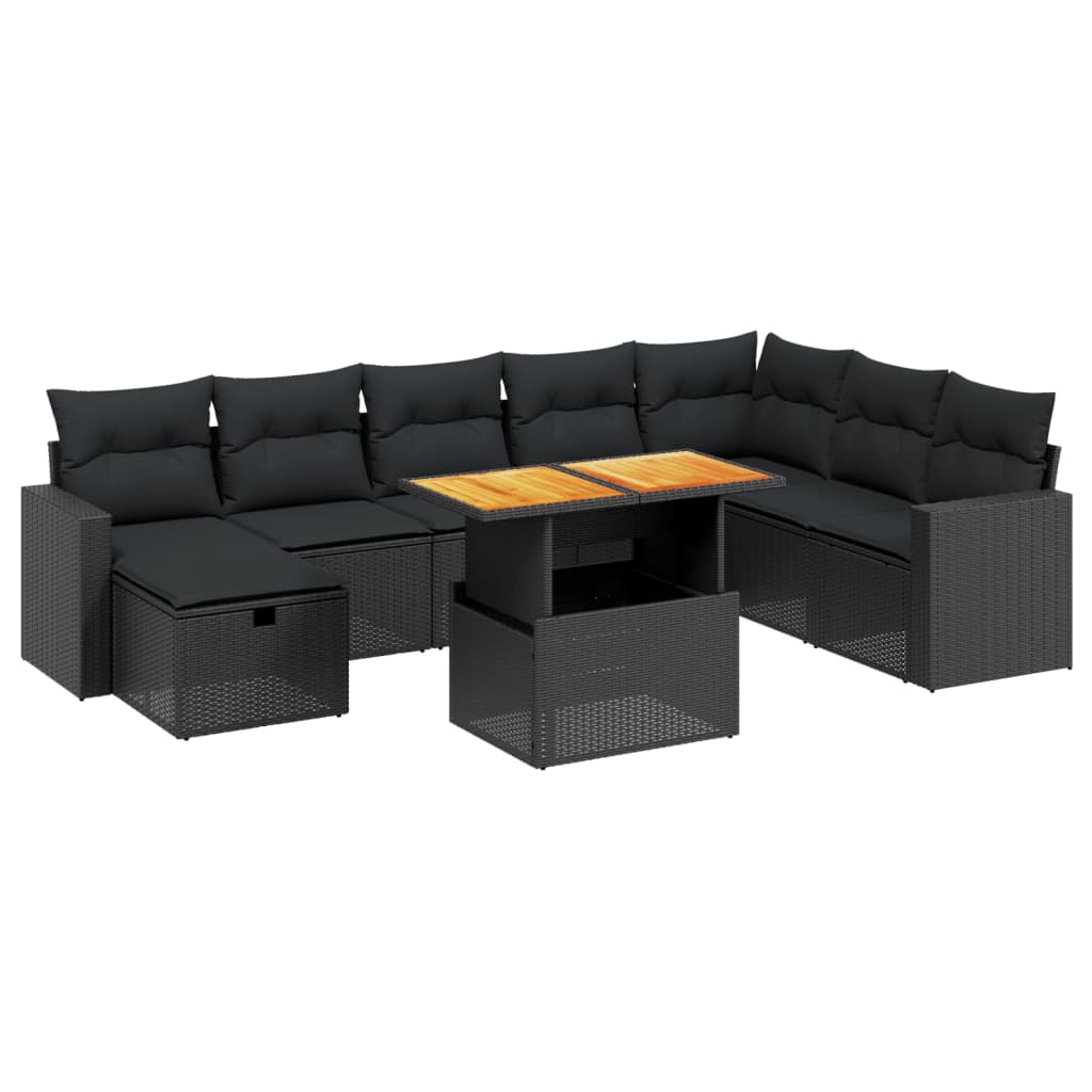 9 Piece Garden Sofa Set with Cushions Black Poly Rattan