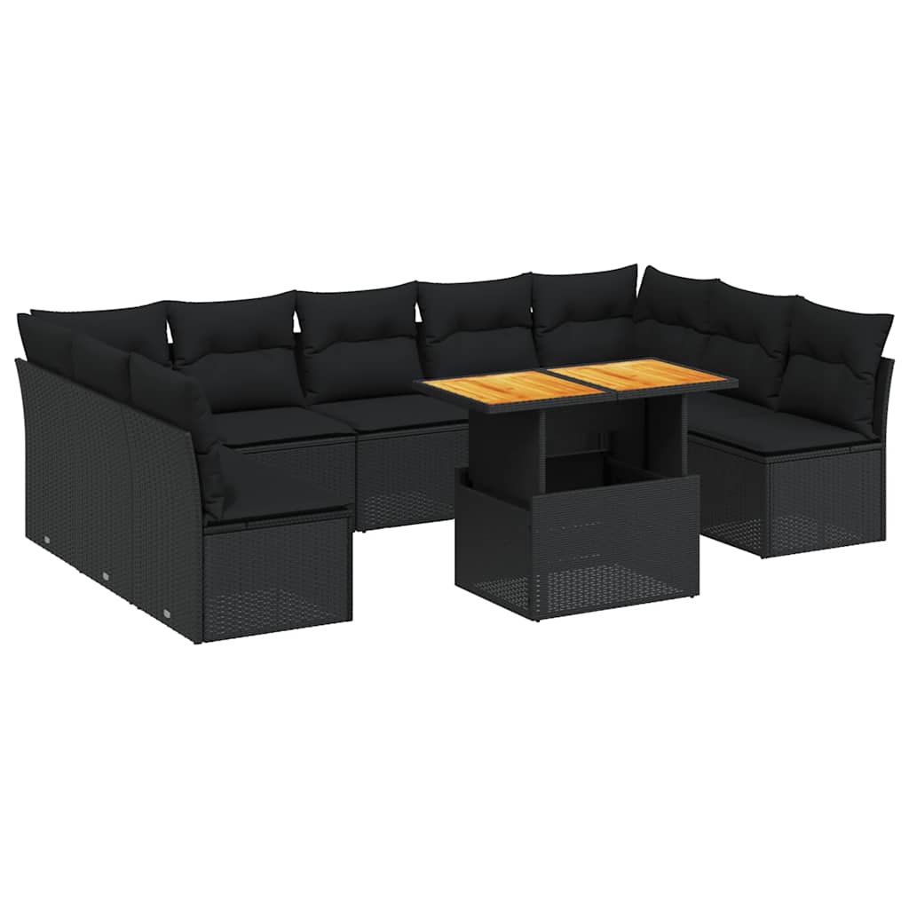 10 Piece Garden Sofa Set with Cushions Black Poly Rattan