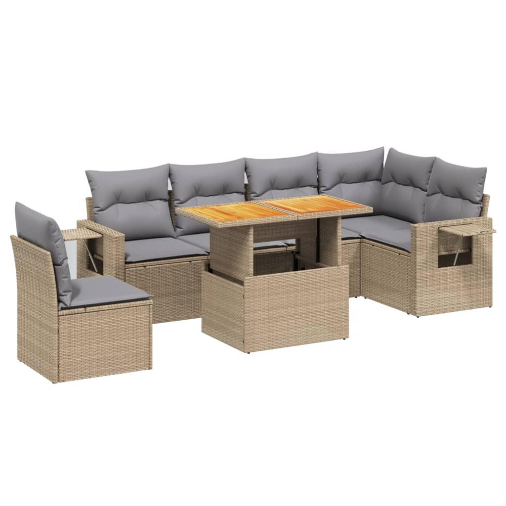7 Piece Garden Sofa Set with Cushions Beige Poly Rattan