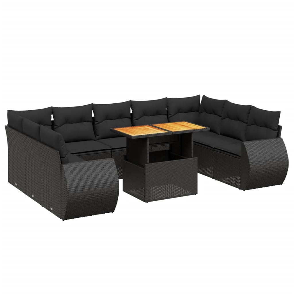 10 Piece Garden Sofa Set with Cushions Black Poly Rattan