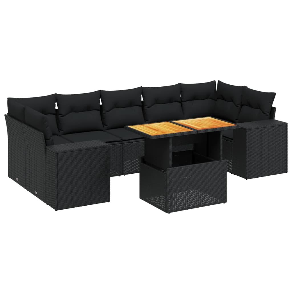 8 Piece Garden Sofa Set with Cushions Black Poly Rattan