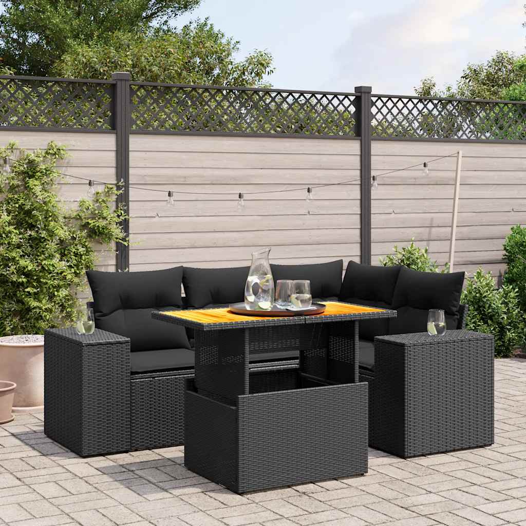 5 Piece Garden Sofa Set with Cushions Black Poly Rattan