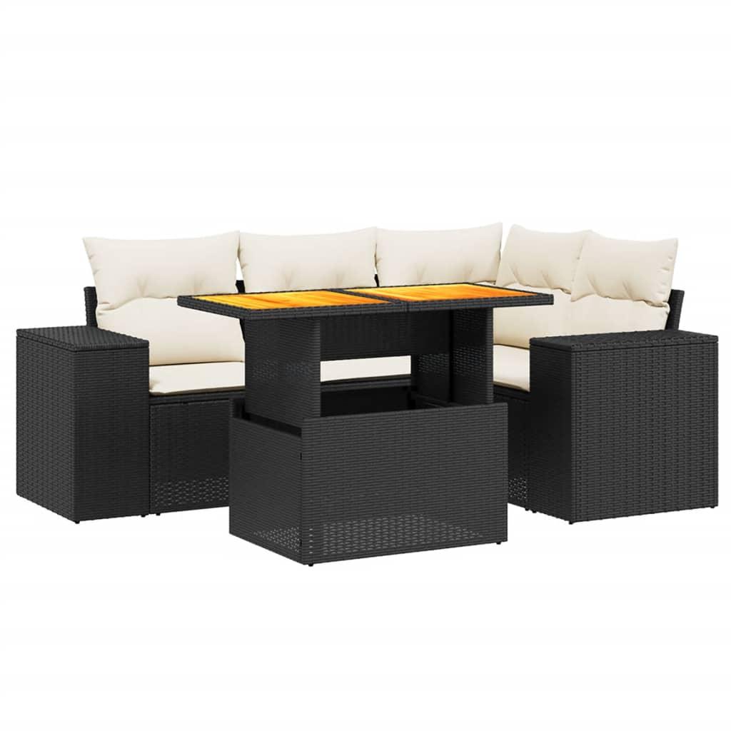 5 Piece Garden Sofa Set with Cushions Black Poly Rattan