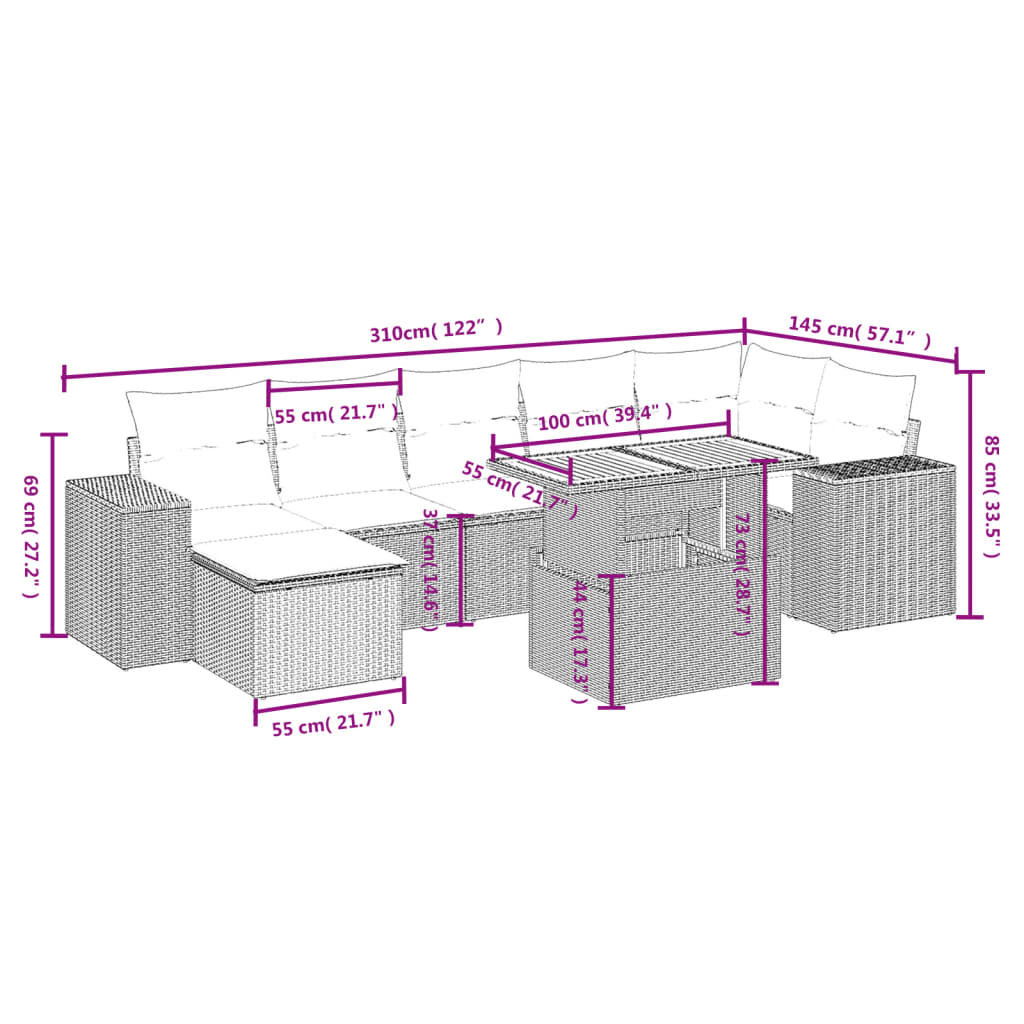 8 Piece Garden Sofa Set with Cushions Grey Poly Rattan
