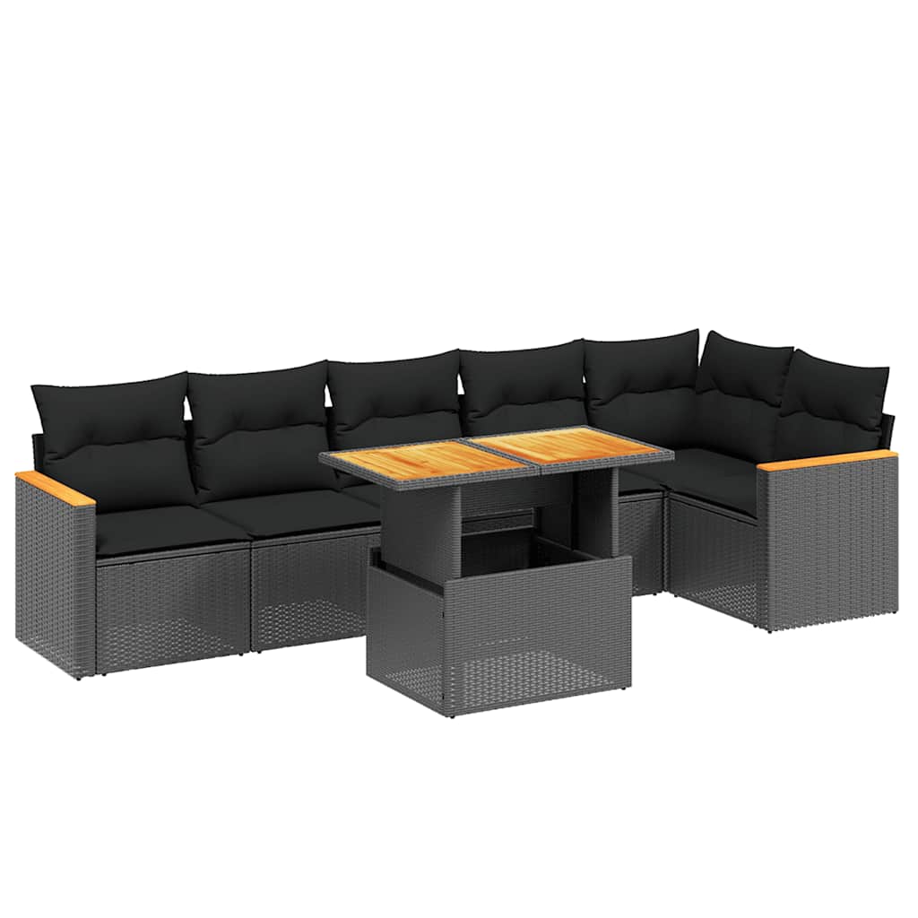 7 Piece Garden Sofa Set with Cushions Black Poly Rattan