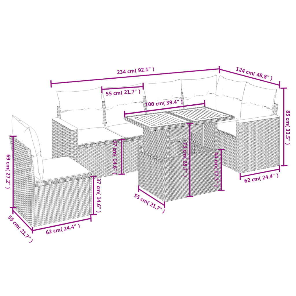 7 Piece Garden Sofa Set with Cushions Beige Poly Rattan