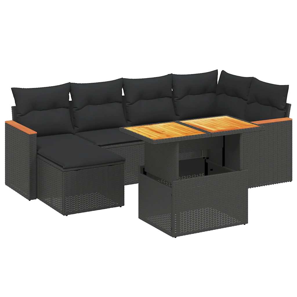 7 Piece Garden Sofa Set with Cushions Black Poly Rattan