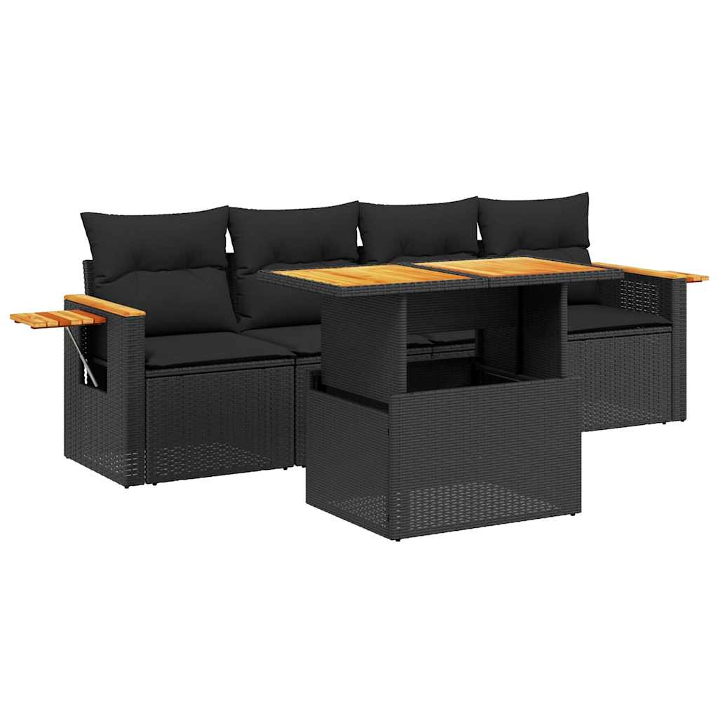 5 Piece Garden Sofa Set with Cushions Black Poly Rattan