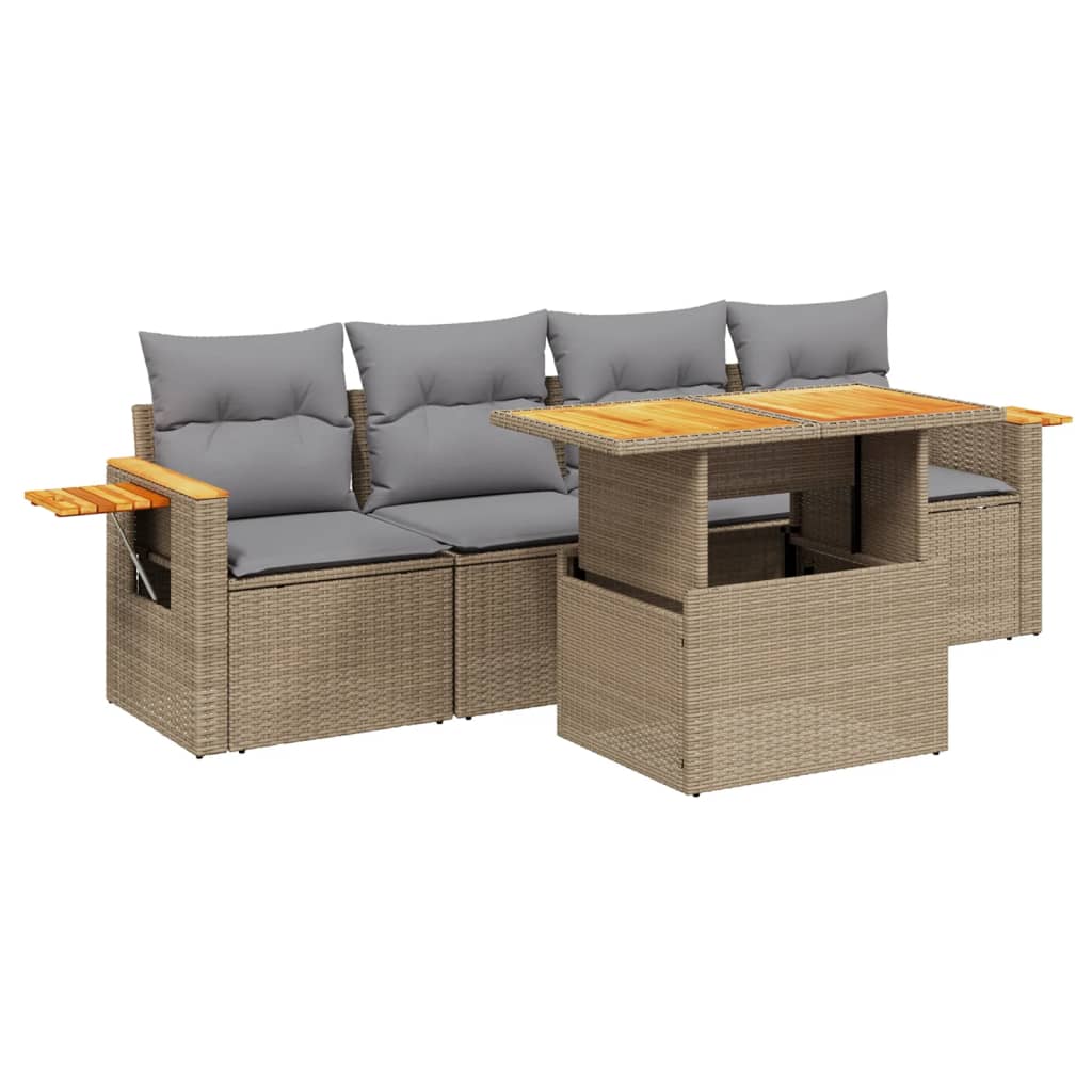 5 Piece Garden Sofa Set with Cushions Beige Poly Rattan