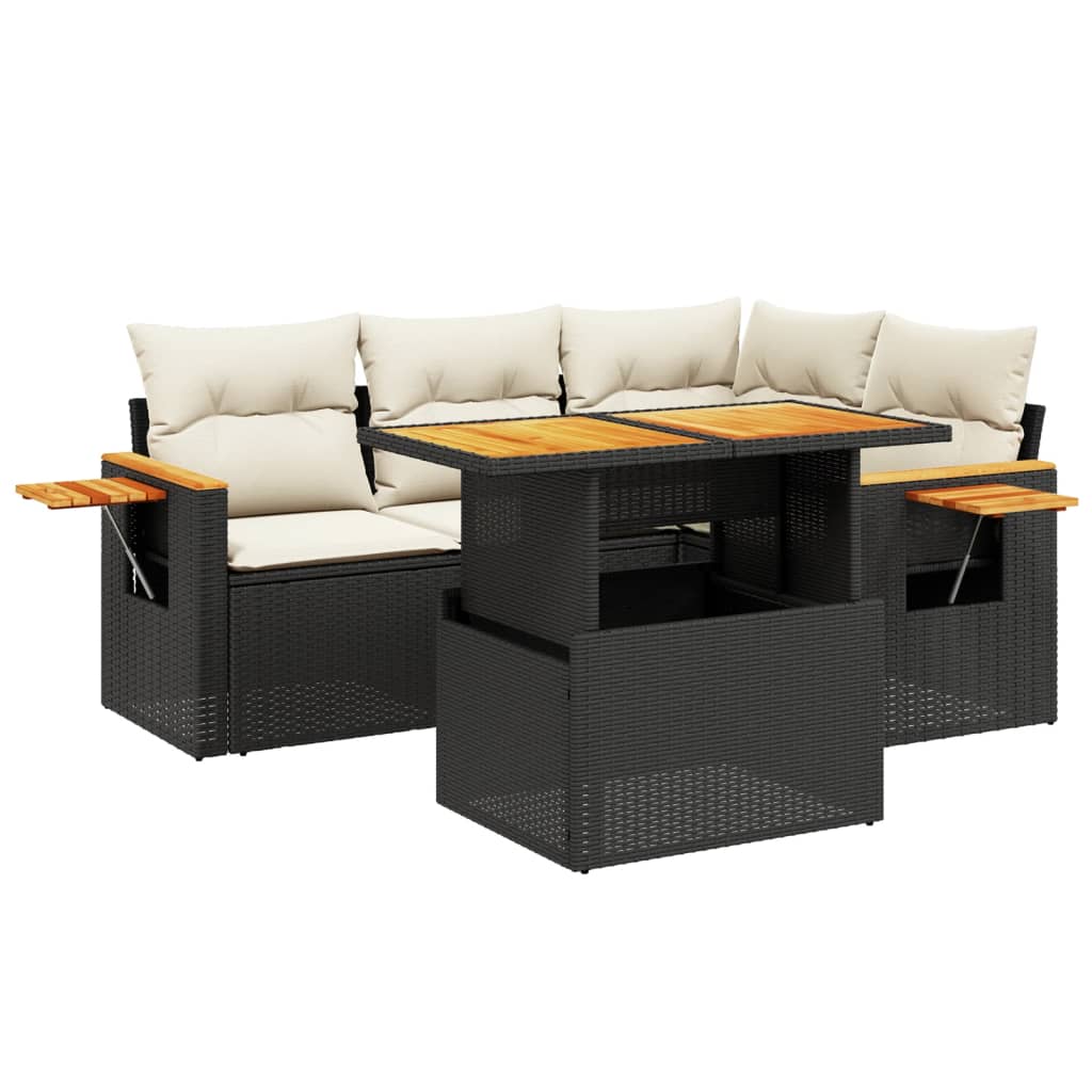 5 Piece Garden Sofa Set with Cushions Black Poly Rattan