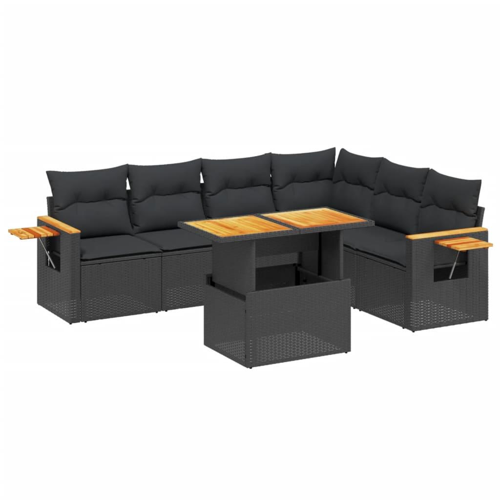 7 Piece Garden Sofa Set with Cushions Black Poly Rattan