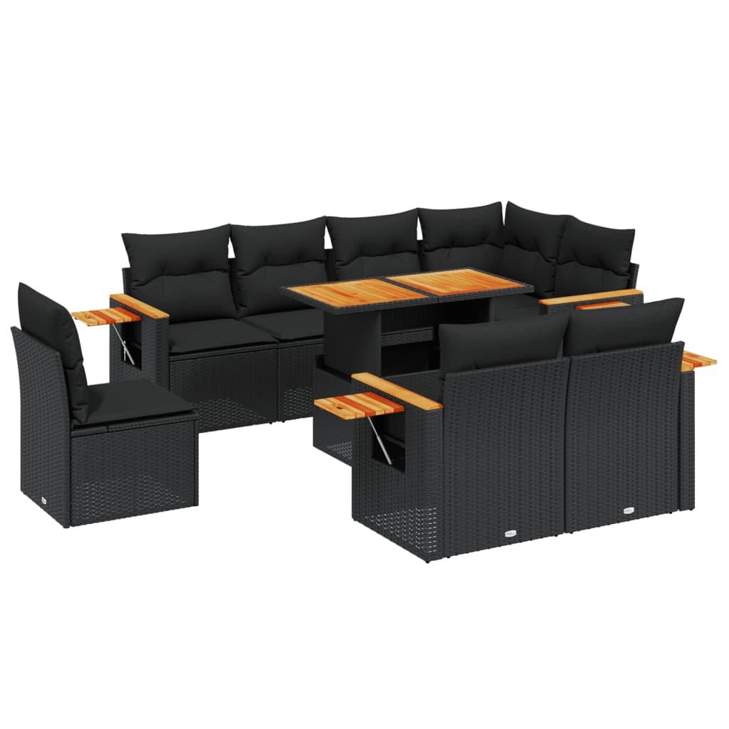 9 Piece Garden Sofa Set with Cushions Black Poly Rattan