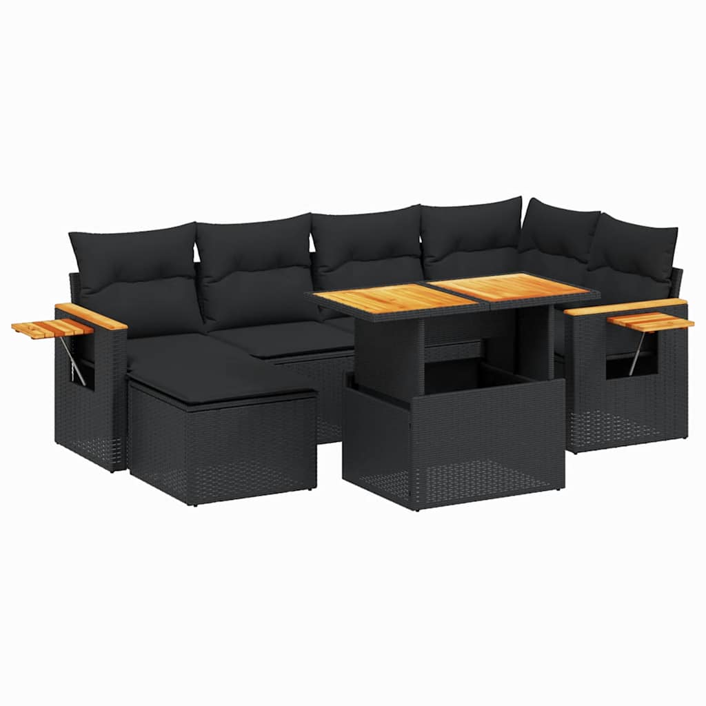 7 Piece Garden Sofa Set with Cushions Black Poly Rattan