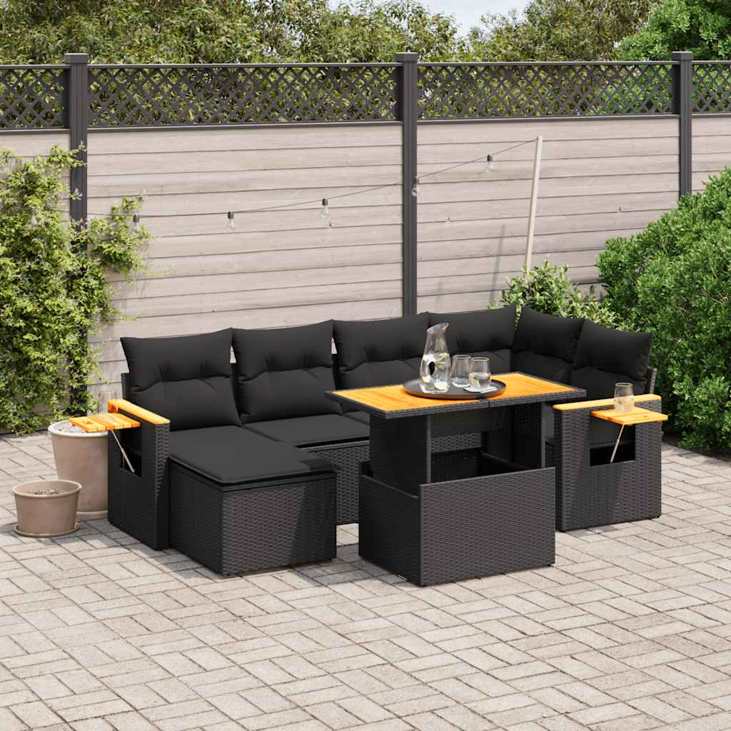 7 Piece Garden Sofa Set with Cushions Black Poly Rattan