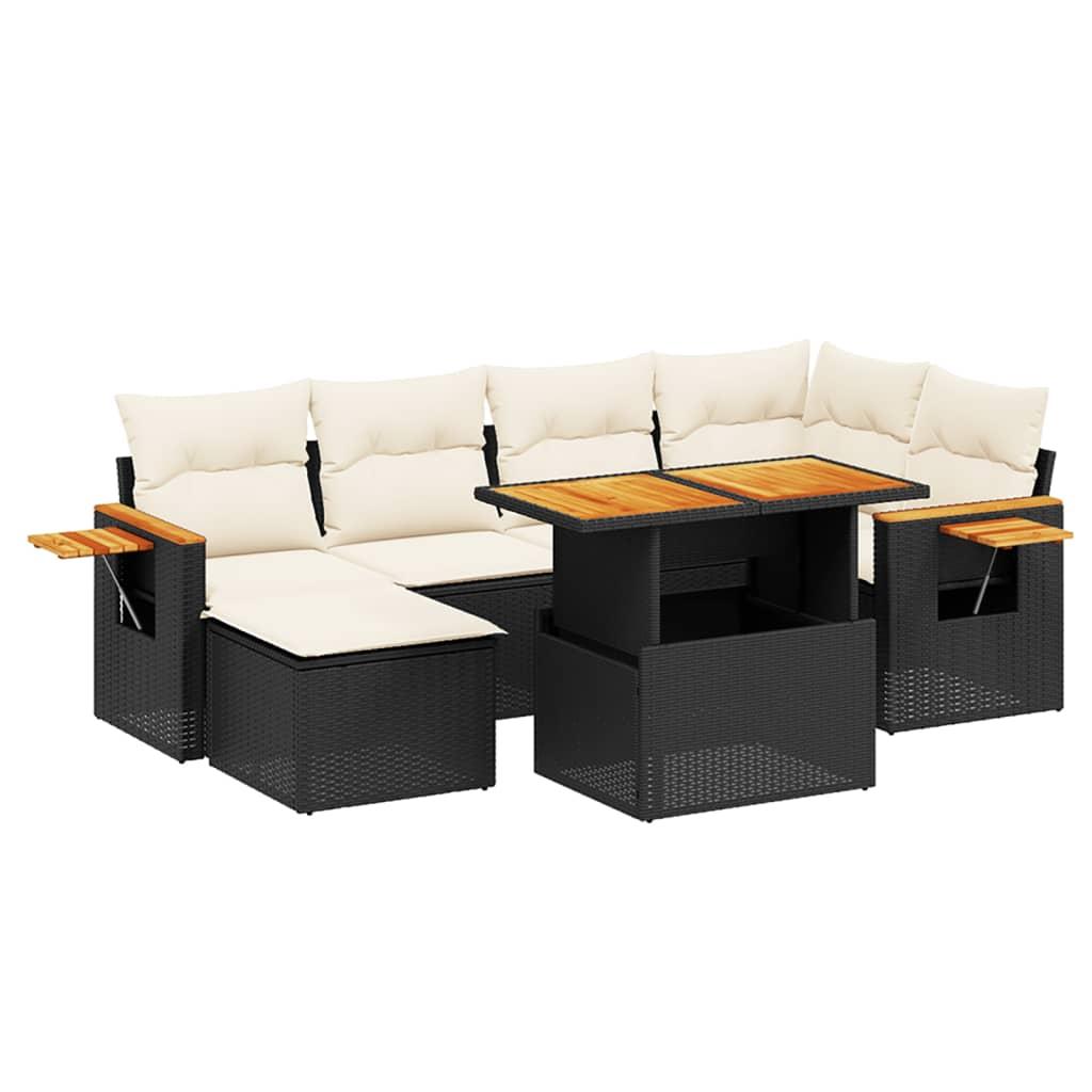 7 Piece Garden Sofa Set with Cushions Black Poly Rattan