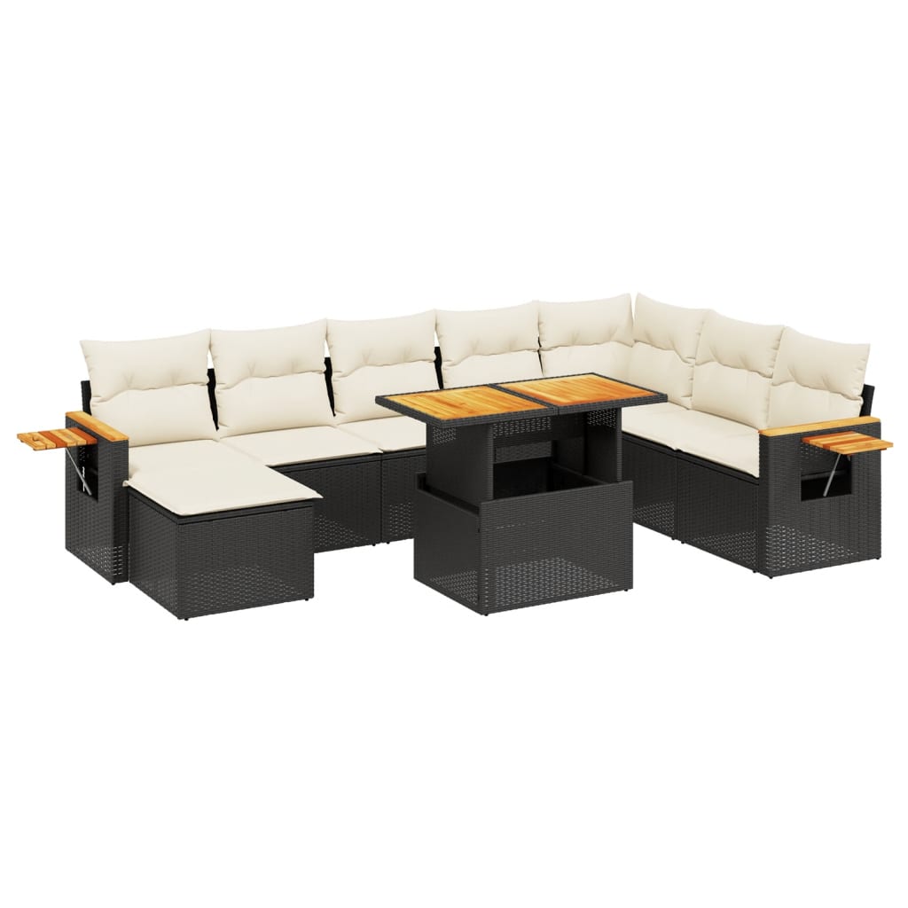 9 Piece Garden Sofa Set with Cushions Black Poly Rattan