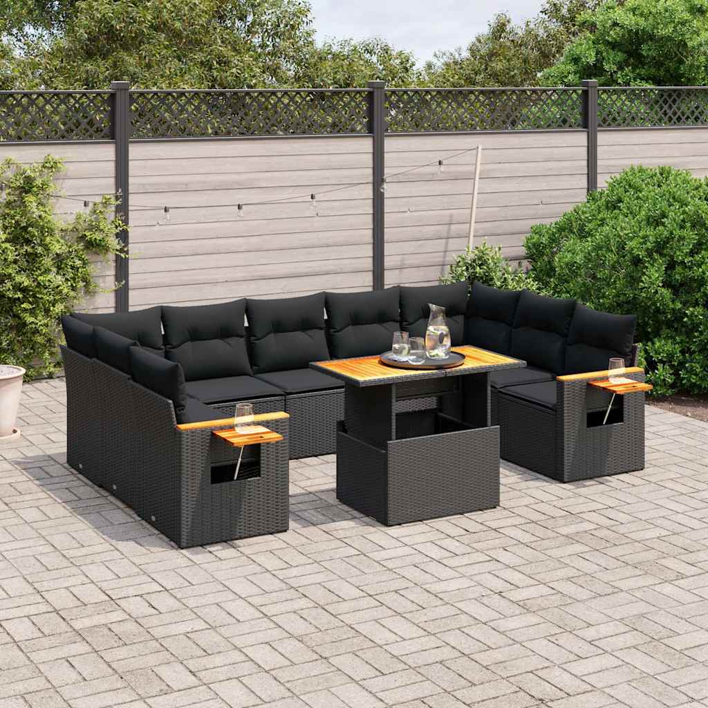 10 Piece Garden Sofa Set with Cushions Black Poly Rattan