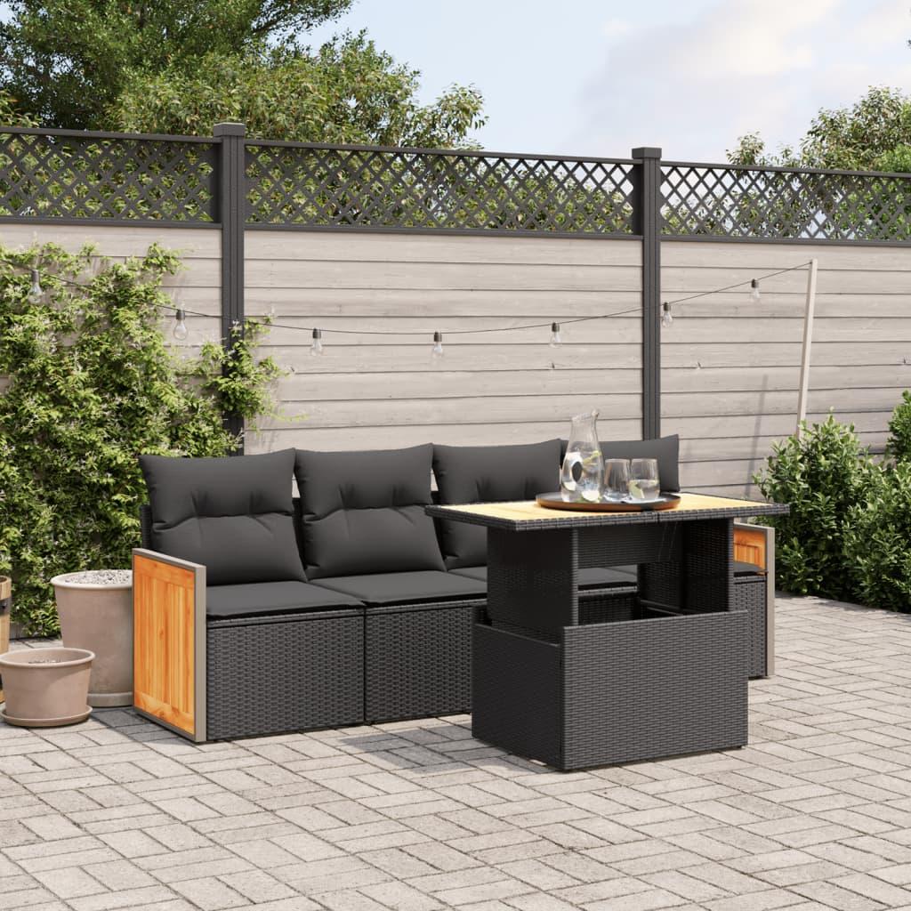5 Piece Garden Sofa Set with Cushions Black Poly Rattan