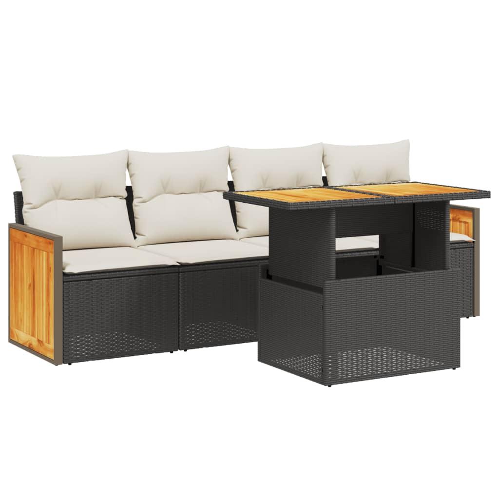5 Piece Garden Sofa Set with Cushions Black Poly Rattan