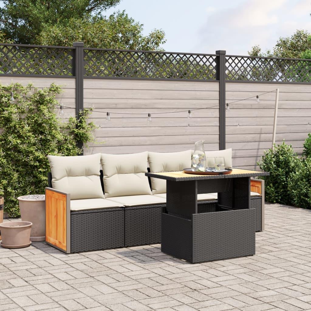 5 Piece Garden Sofa Set with Cushions Black Poly Rattan
